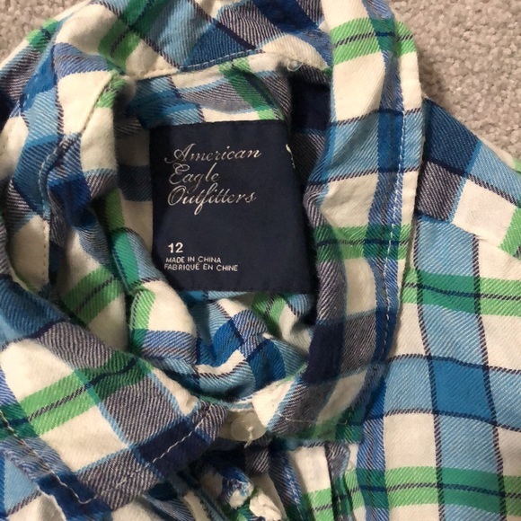 Button down light flannel shirt. blue and green and white! ruffle on but… - Picture 5 of 7